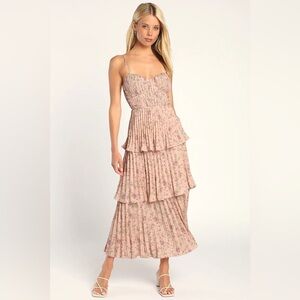 Lulu's Cascading Crush Pink Floral Print Tiered Bustier Midi Dress